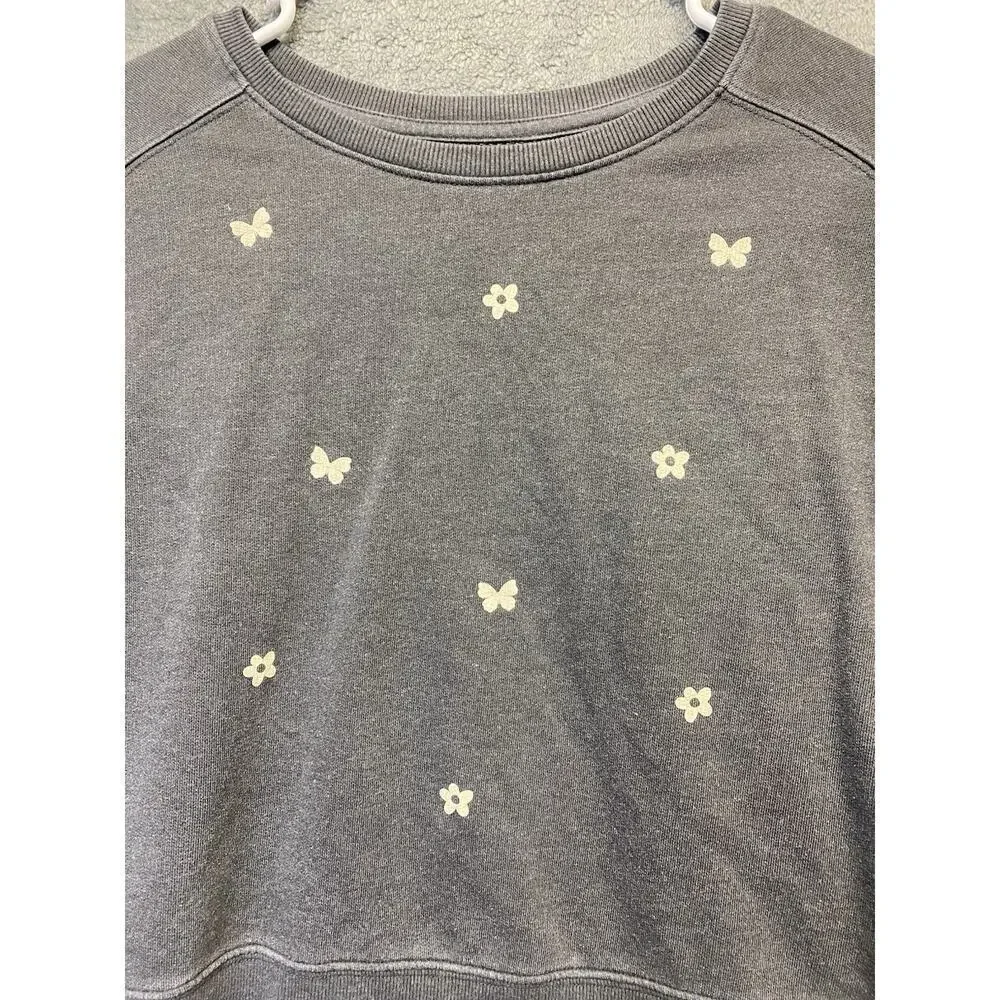Cat & Jack Faded Gray Butterfly & Flower Sweatshirt Girls Size L 10-12